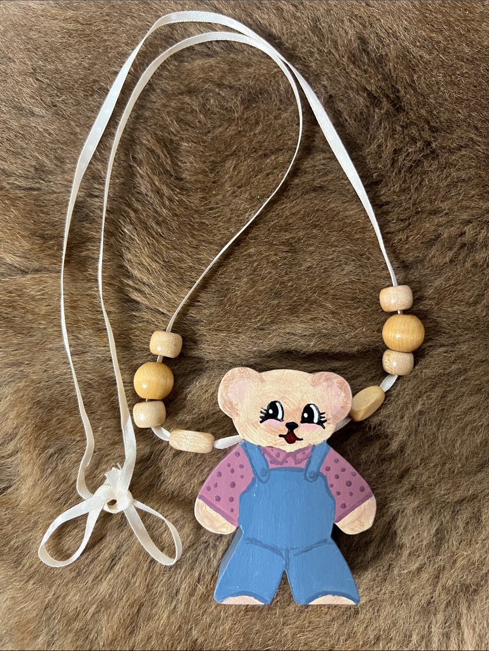 80s Folk Art Hand Painted Teddy Bear Necklace Tole Painting Vintage